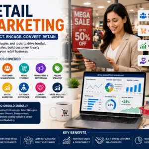 Professional Retail Marketing course image featuring customer engagement, retail strategy, sales promotion, merchandising, and marketing analytics.