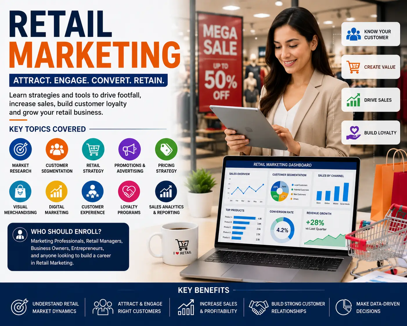 Professional Retail Marketing course image featuring customer engagement, retail strategy, sales promotion, merchandising, and marketing analytics.