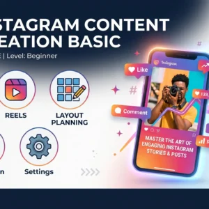 A modern creative workspace showing a smartphone displaying an aesthetic feed for the Instagram content creation basic course.