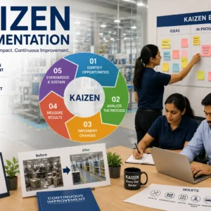 Educational banner showing Kaizen Implementation with teamwork, process improvement, and workplace visuals
