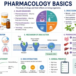 Educational banner showing Pharmacology Basics with capsules, chemical structures, and healthcare visuals