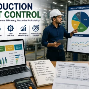 Educational banner showing Production Cost Control with charts, factory visuals, and financial tools