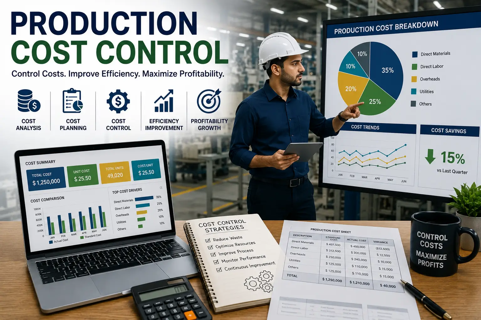 Educational banner showing Production Cost Control with charts, factory visuals, and financial tools