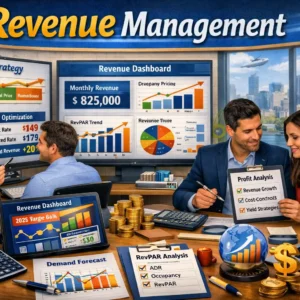 Educational banner showing Revenue Management with professionals analyzing pricing, revenue dashboards, and financial charts