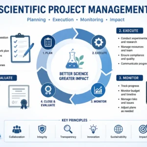Educational banner showing Scientific Project Management with lab work, project timelines, and data analysis visuals