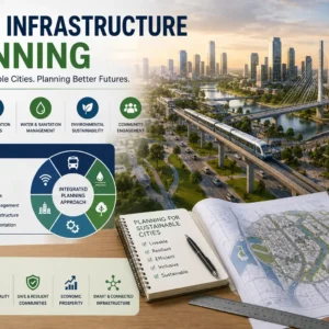 Educational banner showing Urban Infrastructure Planning with cityscapes, transport systems, and planning visuals