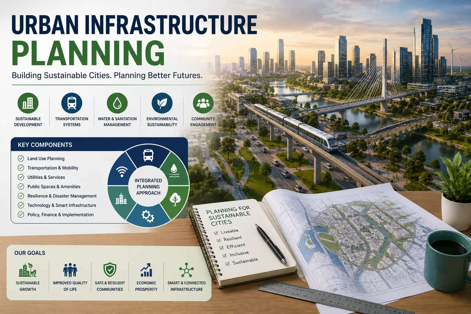 Educational banner showing Urban Infrastructure Planning with cityscapes, transport systems, and planning visuals
