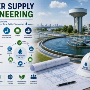 Educational banner showing Water Supply Engineering with pipelines, water distribution, and engineering visuals