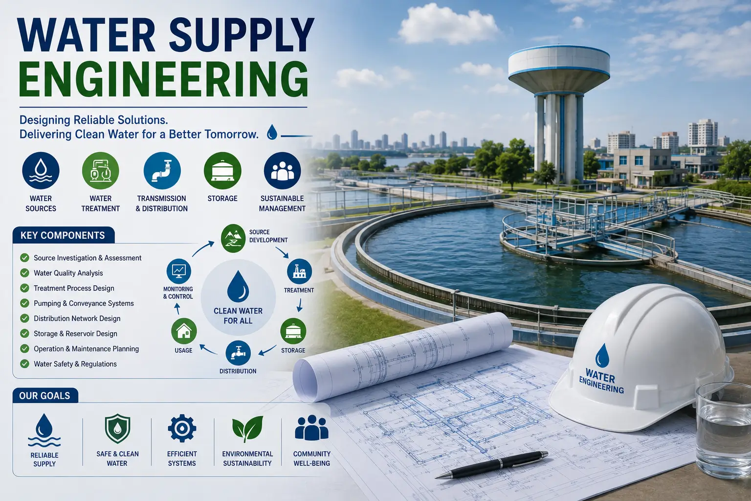 Educational banner showing Water Supply Engineering with pipelines, water distribution, and engineering visuals