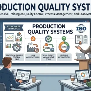 Modern educational image for Production Quality Systems course with compliance and process improvement visuals