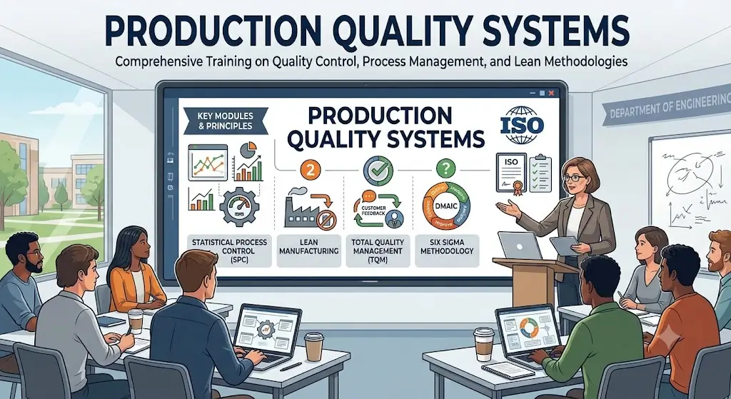 Modern educational image for Production Quality Systems course with compliance and process improvement visuals