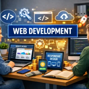 High-quality educational banner showing Web Development course with coding and design visuals