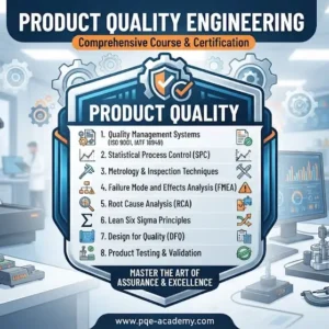 Modern educational image for Product Quality Engineering course with product reliability and quality assurance visuals