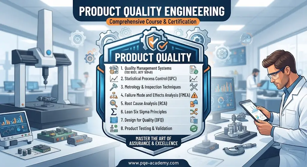 Modern educational image for Product Quality Engineering course with product reliability and quality assurance visuals