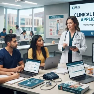Modern educational image for Clinical Pharmacy Applications course with medication therapy and patient care visuals