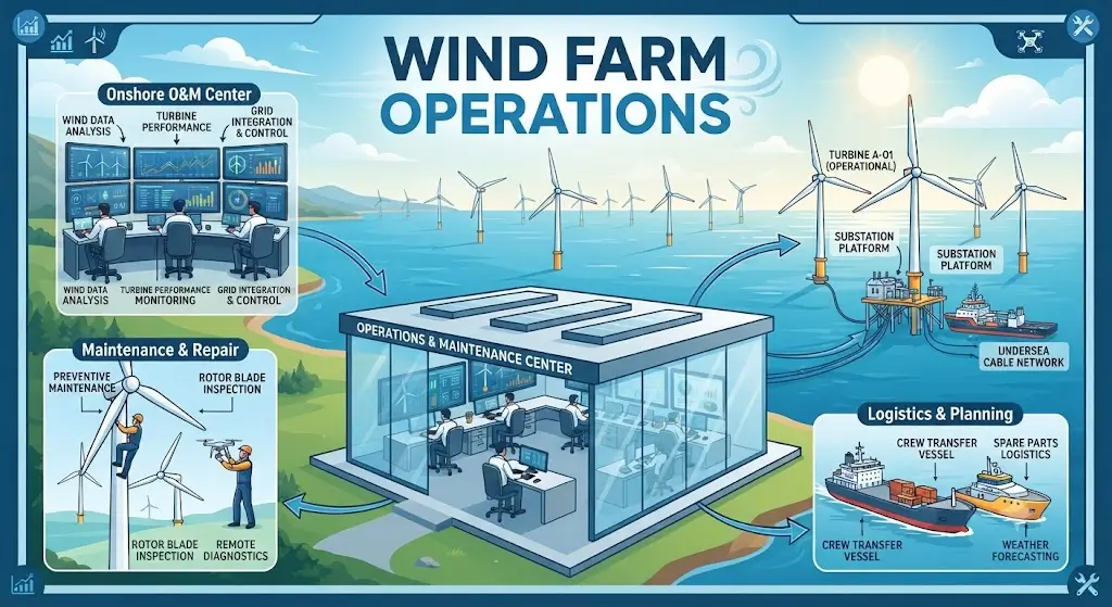 High-quality educational course image featuring Wind Farm Operations with modern visuals