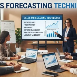 High-quality educational course image for Sales Forecasting Techniques with predictive analytics and sales strategy visuals.