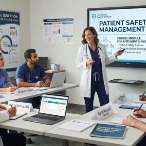 Modern e‑learning image showing Patient Safety Management course visuals