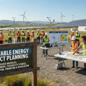 High-quality educational course image featuring Renewable Energy Project Planning with modern visuals