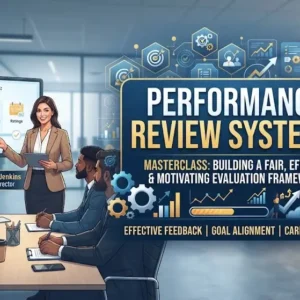 Modern educational image for Performance Review Systems course with employee evaluation and feedback visuals