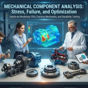 High-quality educational course image for Mechanical Component Analysis with mechanical parts and structural analysis visuals.
