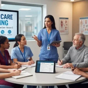 Professional e-learning image showing Nursing Care Planning and patient-centered care concepts