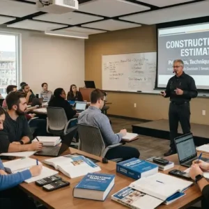 High-quality educational course image for Construction Cost Estimation with budgeting and project planning visuals.