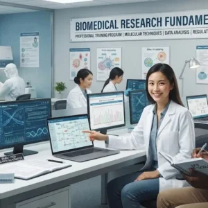 Modern educational image for Biomedical Research Fundamentals course with laboratory and biomedical science visuals