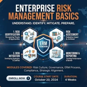 Modern educational image for Enterprise Risk Management Basics course with risk assessment and mitigation visuals