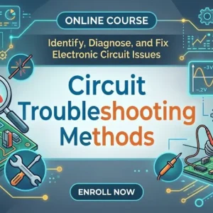 High-quality educational course image for Circuit Troubleshooting Methods with diagnostic testing and repair visuals.