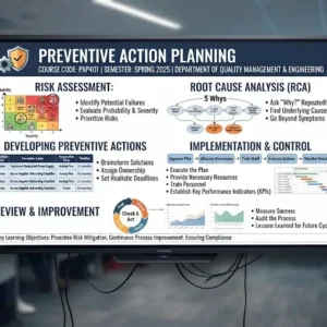 High-quality educational course image for Preventive Action Planning with risk management and preventive maintenance visuals.