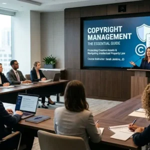 High-quality educational course image showing Copyright Management with law and creative rights visuals.