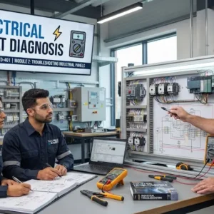 High-quality educational course image for Electrical Fault Diagnosis with troubleshooting and safety visuals.
