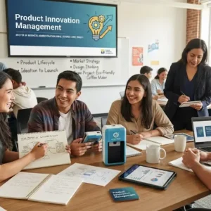 High-quality educational course image for Product Innovation Management with innovation and product development visuals.