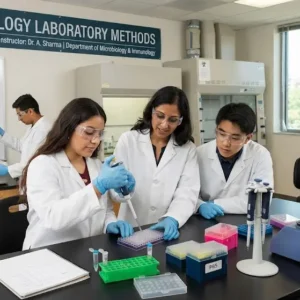 Modern educational image for Immunology Laboratory Methods course with laboratory and immune system testing visuals