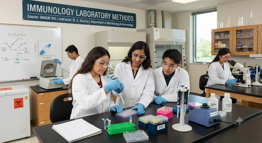 Modern educational image for Immunology Laboratory Methods course with laboratory and immune system testing visuals