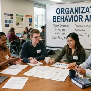 High-quality educational course image showing Organizational Behavior Analysis with workplace and psychology visuals.