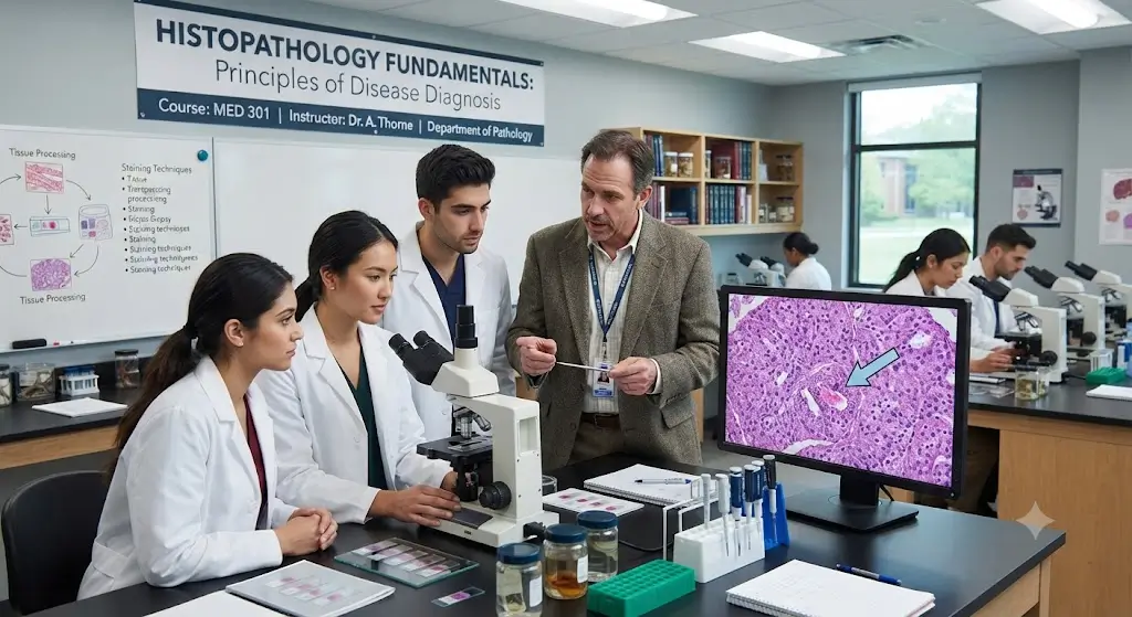 Modern educational image for Histopathology Fundamentals course with tissue analysis and microscopic examination visuals