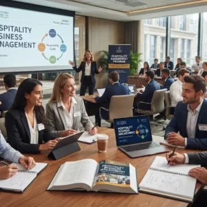 High-quality educational course image featuring Hospitality Business Management with modern visuals