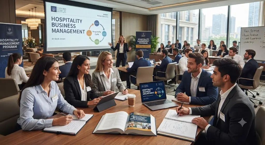High-quality educational course image featuring Hospitality Business Management with modern visuals