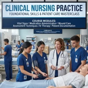 Professional e-learning image showing Clinical Nursing Practice and patient care concepts