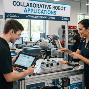 Modern e‑learning image showing Collaborative Robot Applications course visuals