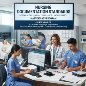 Professional e-learning image showing Nursing Documentation Standards and healthcare recordkeeping concepts