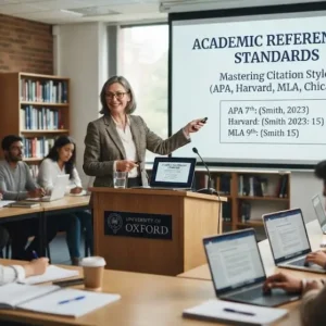 High-quality educational course image showing Academic Referencing Standards with citation and academic writing visuals.