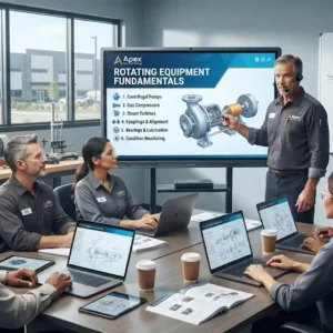 High-quality educational course image for Rotating Equipment Fundamentals with rotating machinery and mechanical engineering visuals.
