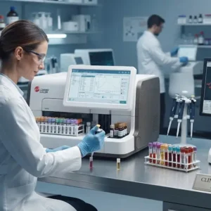 Modern educational image for Clinical Biochemistry Fundamentals course with biochemical analysis and laboratory visuals