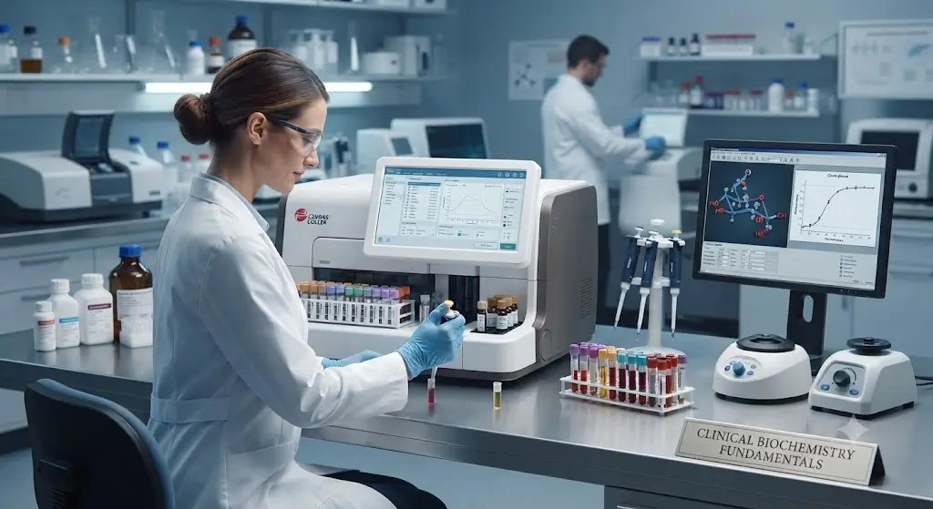 Modern educational image for Clinical Biochemistry Fundamentals course with biochemical analysis and laboratory visuals