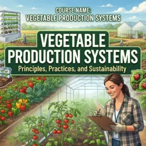 Modern educational image for Vegetable Production Systems course with farming and crop management visuals