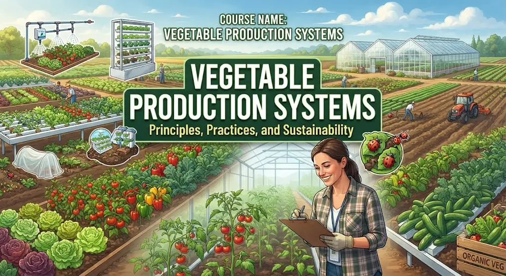 Modern educational image for Vegetable Production Systems course with farming and crop management visuals