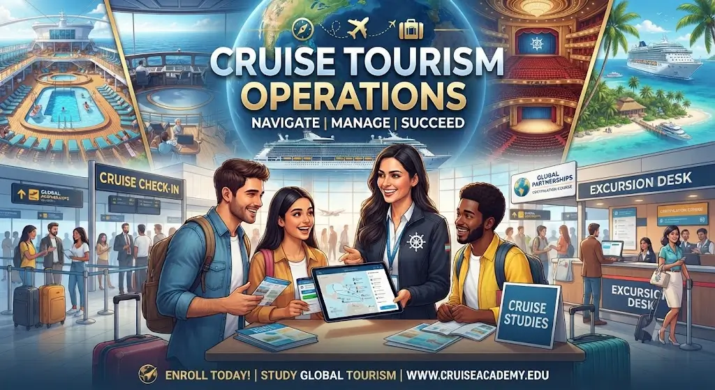 High-quality educational course image featuring Cruise Tourism Operations with modern visuals